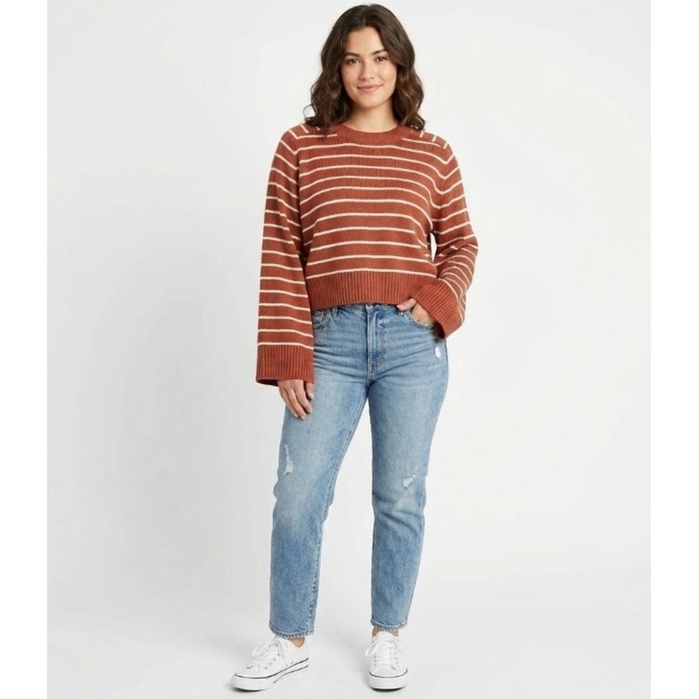 New Tahari Large Brown Copper Striped Crew Neck Cozy Knit Boxy Relaxed Sweater